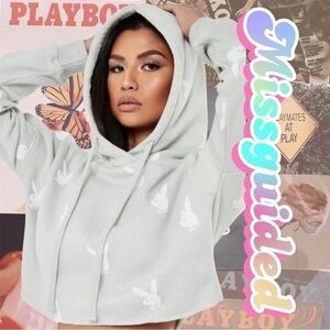 MINT MISGUIDED X PLAYBOY Cropped Hoodie Size 2 Gray White Bunny * HOT + 🔥🔥🔥🔥🔥